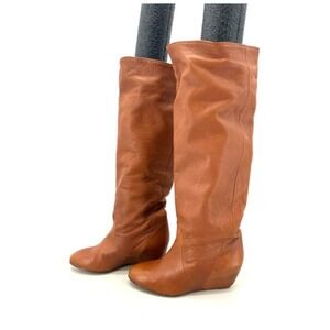 CANDELA Knee High Wedge Heel Boots Womens 8 Anthropologie Brown Boho Western 70s